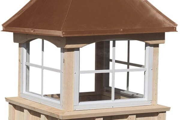 square wood cupola with windows and concave copper roof